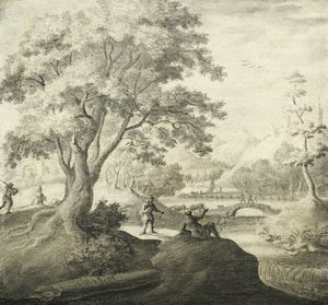 River landscapes with persons resting along a path
